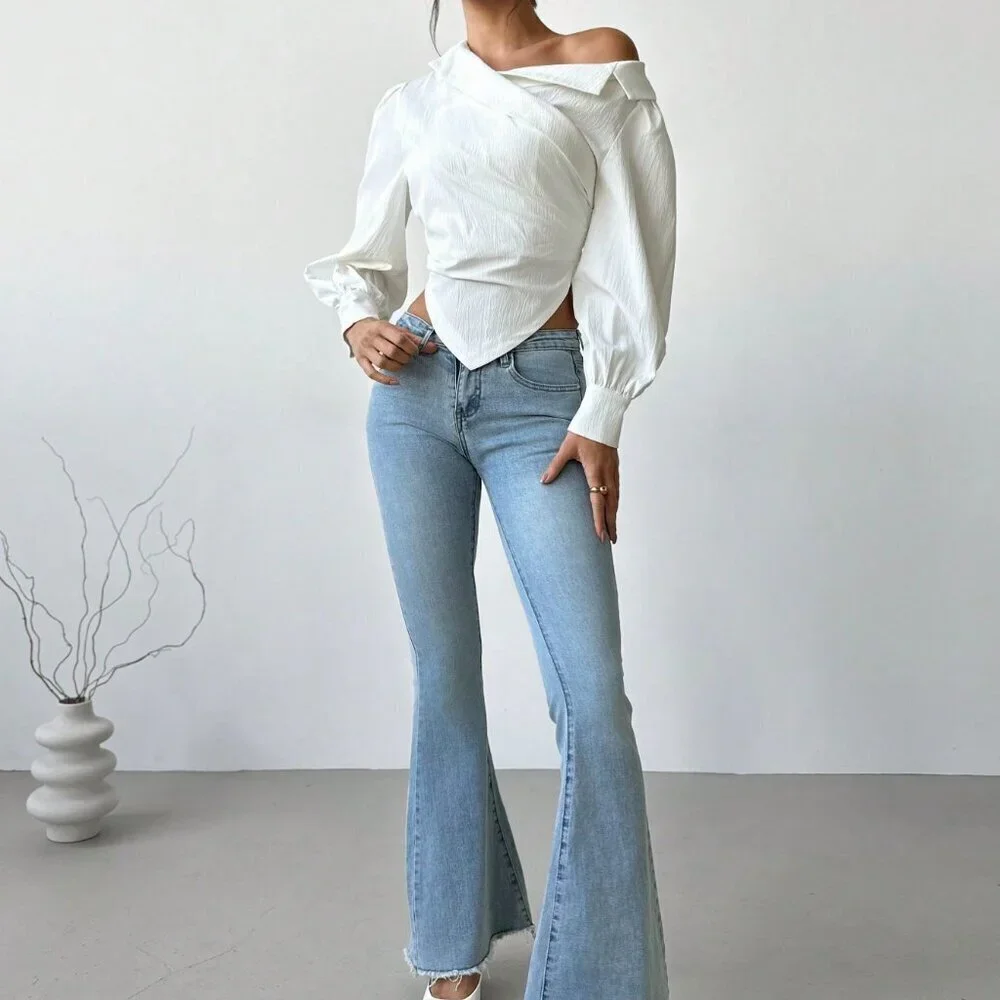 White Elegant Women's Asymmetrical Hem Long Sleeve Blazer - Picture 7 of 7
